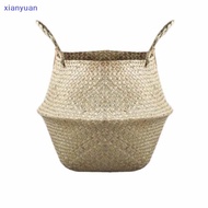 [xianyuan] Basket Rattan Folding Wier Handle Round Natural Sea Grass Plant Storage Wood XY