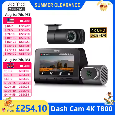70mai Dash Cam 4K T800 with 4G Module UP04 Supercapacitor 3-Channel HDR Wifi 6 GPS Remote Control Re