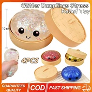 4PCS Glitter Dumplings Stress Relief Toy Cute Steamed Bun Squishy Toy with Steamer Box Fidget Premiu