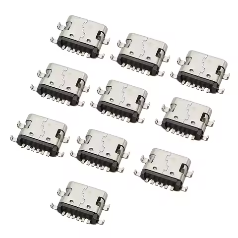 10Pcs USB3.1 Type C Connector Horizontal Mid Mount 6 Pin Female 1.6mm Through Board For Charger Adap