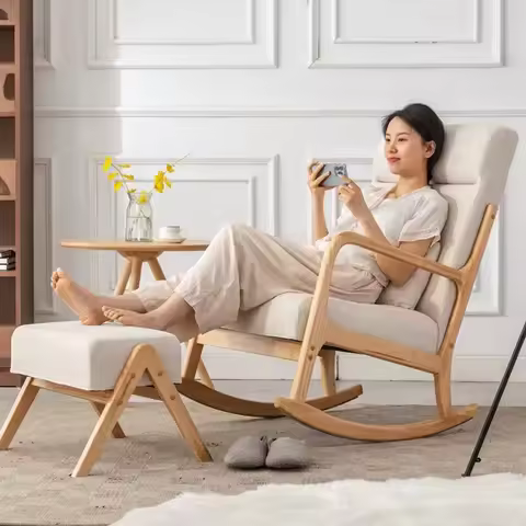 Wooden Rocking Chair Lounge Chair High Backrest Rocking Armchair Accent Chair with Lumber Pillow