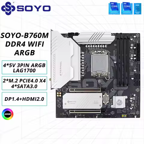 SOYO B760M D4 WiFi DDR4 LGA 1700 Intel B760 M-ATX Motherboard 2* M.2 PCIe 4.0 Type-C WiFi6 ARGB USB3