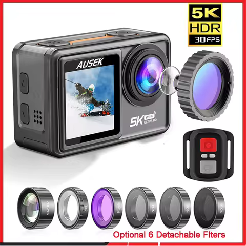 AUSEK M81TR Action Camera 5K 4K60FPS 50MP DVR EIS With Optional Filters 5X Zoom Pre-Record 1080P Web