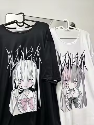 Dark Kawaii Y2k Twin Tail Anime Girl Graphic T Shirt Pink Bow Metal Font Gothic Manga Summer Unisex 