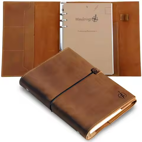 A5 Leather Binder Planner Refillable 6 Ring Journal with Inner Pockets HandCrafted Genuine Leather O
