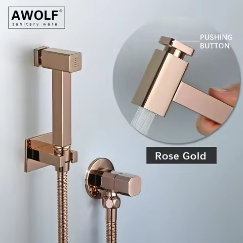 Awolf Rose Gold Handheld Toilet Bidet Sprayer Hygienic Shower Head with Pushing Button Solid Brass S