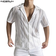 INCERUN Men's Polo Collar Retro Hollow Short sleeved Shirt