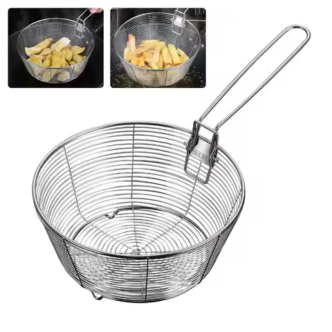 304 Stainless Steel Frying Strainer Basket French Chip Filter Strainer Deep Fry Basket Handle Round
