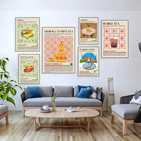 Global Street Food Kitchen Posters Turkish Baklava Moroccan Mint Tea Cuban Coffee Masala Tea Bubble 
