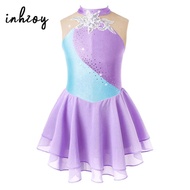Figure Ice Skating Dress for Girls Ballet Gymnastics Leotard Floral Rhinestone Mesh Splice Skater Da