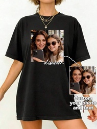 Customized 's Loose T-Shirt Upload Your Photo Text Personalized Customization Black Top   Casual Gif