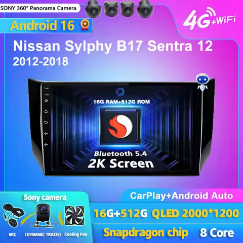Android 16 Carplay Auto 2K Screen Car Radio Multimedia Player For Nissan Sylphy B17 Sentra 12 2012 -