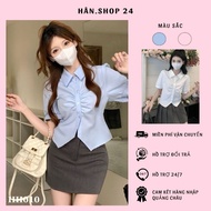 Korean-style women's figure-flattering mid-sleeved shirt (with real photos)-HH010