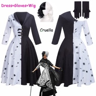 Cruella De Vil Cosplay Costume 2 Styles Women Gown Black White Maid Dress Outfits Halloween Party