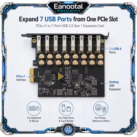 7 Port USB 3.0 PCIe Card, PCI Express X1 to USB-A Expansion Adapter 5Gbps for Desktop Computer