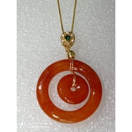 #J252 Natural Grade A Rare Red Jade Jadeite Donut Pendant H37.6mmm 925 Silver (Free Necklace Chain)