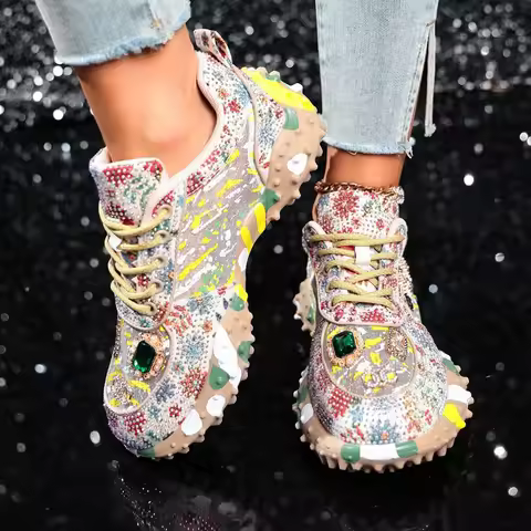 Women Summer Mesh Fabric Platform Shoes Luxury Sneakers Shine Bling Rhinestone Casual Shoes Breathab