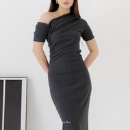 Dear Elea - Cassia Dress | Rib Knit Midi Dress One Shoulder Dress for Women Short Sleeve