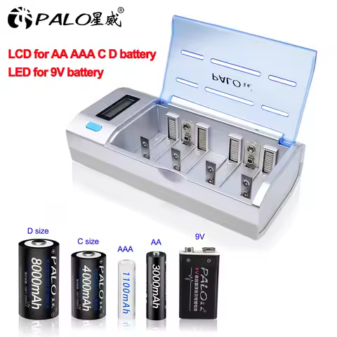 PALO New Rechargeable LCD Display Smart Screen Battery Charger For 1.2v Ni-MH NI-CD AA/AAA/C/D/9V Si