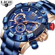 LIGE นาฬิกาผู้ชายนาฬิกาโครโนกราฟส่องสว่างแบบสปอร์ตหรูหราใหม่นาฬิกากันน้ำควอตซ์สแตนเลสนาลิกาข้อมือ