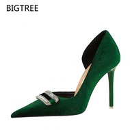 BIGTREE Rhinestone Buckle Thick Suede Shallow Mouth Pointed High Heels 1363-K76