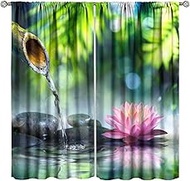 Zen Garden Curtains, Japanese Green Spa Bamboo Leaf Lotus Stone Spa View Decor Window Treatments, Th