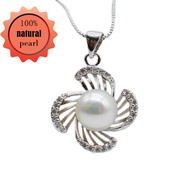 Flower Shape Pendant Necklace Natural White Freshwater Pearl Pendant Zirconia Women Silver Necklace