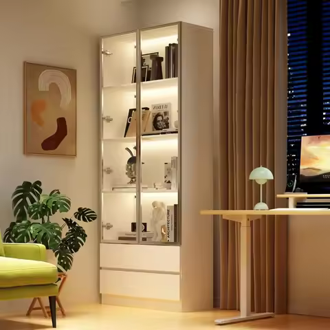 Homsee 78.7 H Bookcase Bookshelf with LED Lights, Glass Doors and Drawers, 4-Tier Display Storage Ca