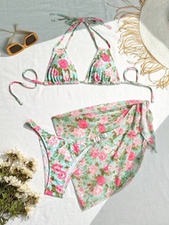 SHEIN Swim Vcay Traje de baño de vacaciones para mujer con estampado floral Halterneck con sujetador y bikini, y una falda de baño con lazo, conjunto de bikini de 3 piezas impreso al azar