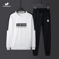 Fuguiniao Men 2 Piece Sports Set Hoodies + Pants Elastic Waist Thin Sweatershirts M-4XL