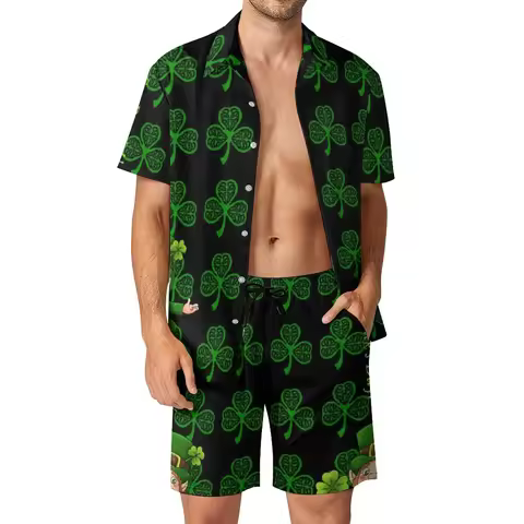 St Paddys Day Green Shamrock Shirt Sets 3D Print Men Casual Fashion Short Sleeves Shirts Oversized H
