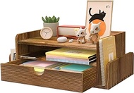 HZE Wooden Desk Organizer with Drawers, Rustic 3-Tier Office Desktop Organizer with Drawers, Desktop Drawers with 2 Side Mail Sorting Slotsfor Folders, Mail, Stationary (No Assembly Required)