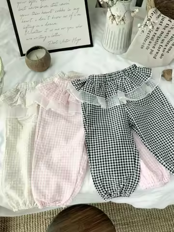 K2588 Spring Korean Children's Clothing for Girls Sweet Lace Plaid Tulle Cuffed Skirt Pants Baby Tod