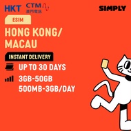 SIMPLY [eSIM] HK+Macau 3-30 Days | Daily:1GB/2GB/3GB | Total:3GB/5GB/10GB/20GB/30GB/50GB Data | No R