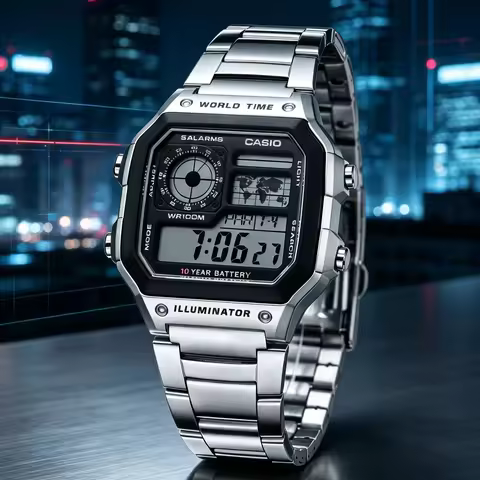 Casio AE‑1200WHD Series | Men Digital Watch | Steel Band | 100M Water Resistant | 10‑Year Battery | 