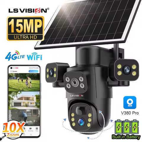 LS VISION 15MP Three Screen 4G Solar Camera Outdoor WiFi PTZ 10X Digital Zoom PIR Detect Auto Tracki