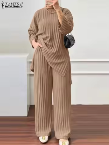 ZANZEA Women Muslim Matching Sets Autumn 2PCS Long Sleeve Blouse Wide Leg Pants Sets Fashion Tracksu