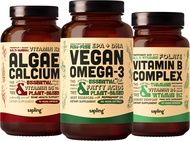 Vegan Omega 3 180 Softgels & Algae Calcium & Vitamin B Complex Bundle - Plant Based DHA & EPA, Calci