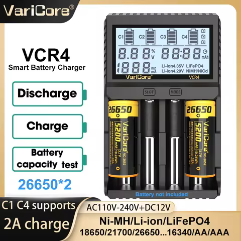 VariCore VCR4 VCR2 3.7v Lithium Ion 1.2v NiMH 3.2v LiFePO4 Display 4 Slot Smart Battery Charger Batt