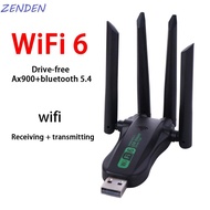 ZENDEN​ Dual Band WiFi6 USB Adapter, AX900 Bluetooth 5.4 900Mbps WiFi Dongle, High Speed 4 Antenna 2