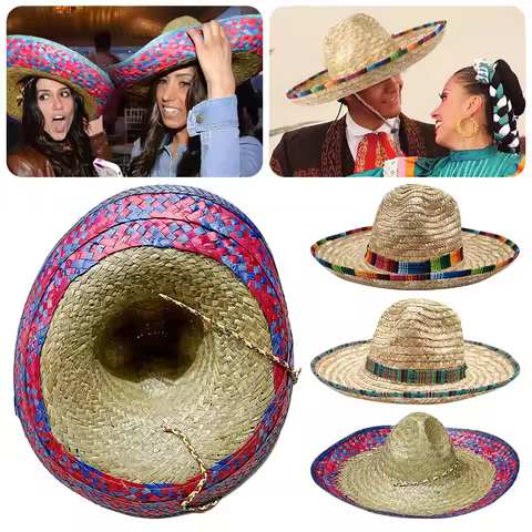 Mexican Sombrero Hat Authentic Mexican Costume Straw Weave Beach Sun Hat Breathable Wide Brim Sunsha