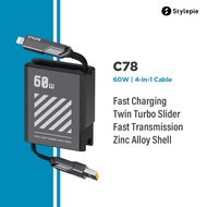 Stylepie C78 60W USB-A/USB-C To USB-C/Lightning 1M 4-in-1 Cable Twin Turbo Two-way Stretch High Speed Data Transmission Enhance Slider Retractable Charger