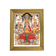 Satvik Goddess Maha Lakshmi, Ma Saraswati, Lord Ganesha &amp; Lord Vishnu Designer Golden Photo Frame for Diwali, Deepavali Pooja, Prayer &amp; Decor