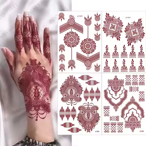 Maroon Henna Tattoo Stickers for Hand Brown Henna Instant Tattoo for Women Body Art Waterproof Tempo