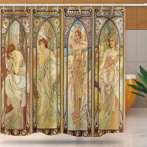 Art Nouveau Lady Shower Curtain,Aesthetic Art Times of The Day, Night's Rest,Evening Reverie,Daybrea