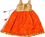 Gold Brocade &amp; Orange Net Sleeveless Lehenga Choli Set, Designer Pattu Pavadai, Kids Ethnic Wear