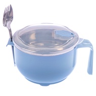304不鏽鋼 密封防燙瀝水泡麵碗 1200ml 附兩用叉勺 藍色