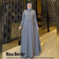 PUTIH Latest Embroidery Gamis Nesa Dress WD Material Crinkle Airflow Fabric Size M L XL XXL Pregnant Friendly Dress Crinkle Airflow Premium Jumbo Elegant Luxury Party Dress Crinkle Embroidery Gamis White/Gray/Bata/Navy/Cream