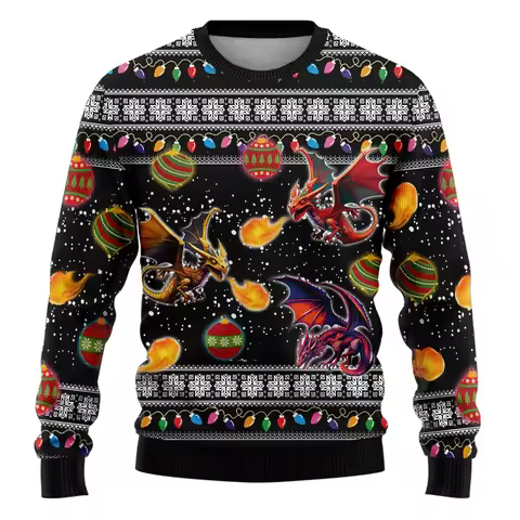 Retro Dragon Pattern Ugly Christmas Sweater Fashion Autumn Holiday Wear 3D Printed Sweatshirts Casua