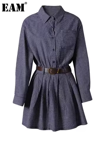 EAM Women Black Plaid Pocket Pleated Elegant Mini Shirt Dress New Lapel Long Sleeve Fashion Tide Spr